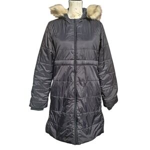 Gap Maternity Black Puffer Parka Coat Side Zip Expandable Faux Fur Hood Small